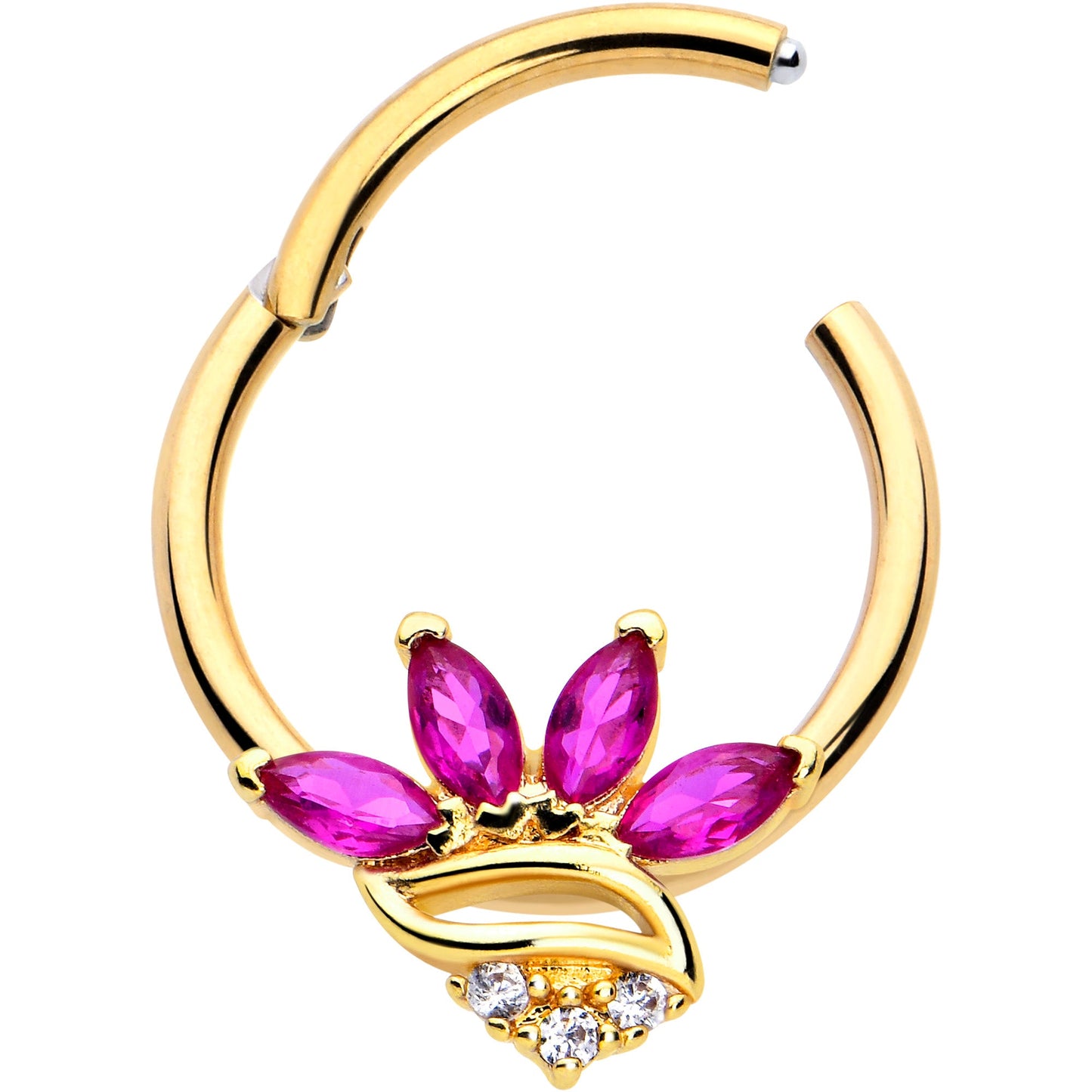 16G 3/8 Red CZ Gem Gold Tone Swirl Fan Hinged Segment Ring