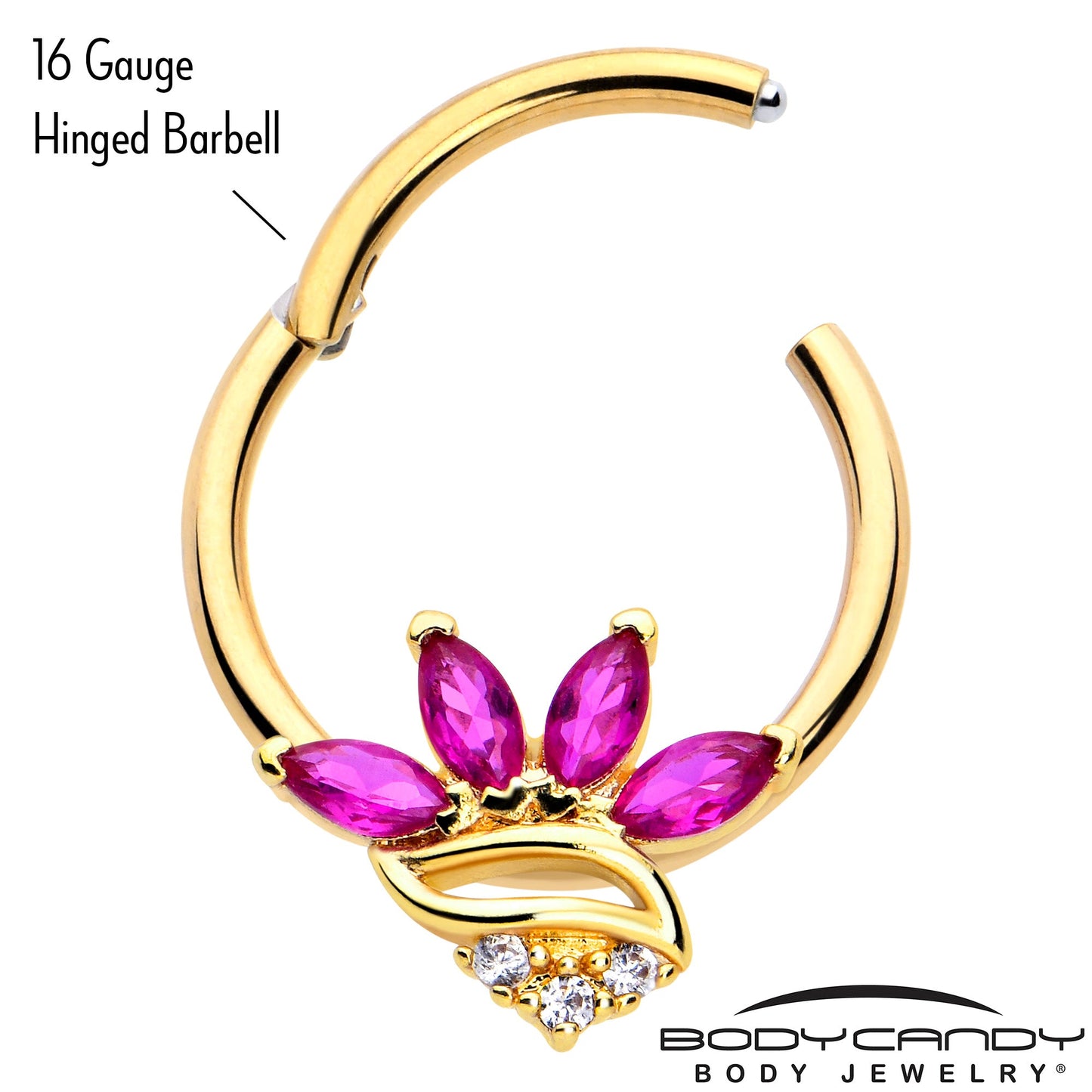 16G 3/8 Red CZ Gem Gold Tone Swirl Fan Hinged Segment Ring