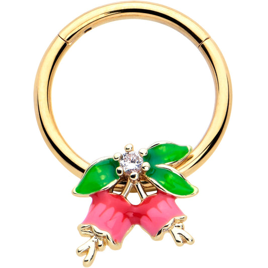 16G 3/8 Clear CZ Gem Gold Tone Bell Flowers Hinged Segment Ring