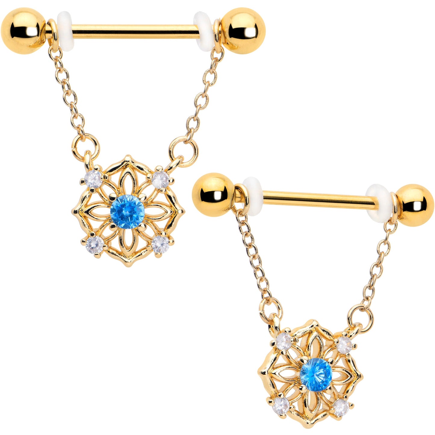 14G 9/16 Blue CZ Gem Gold Tone Flower Ring Dangle Nipple Ring Set