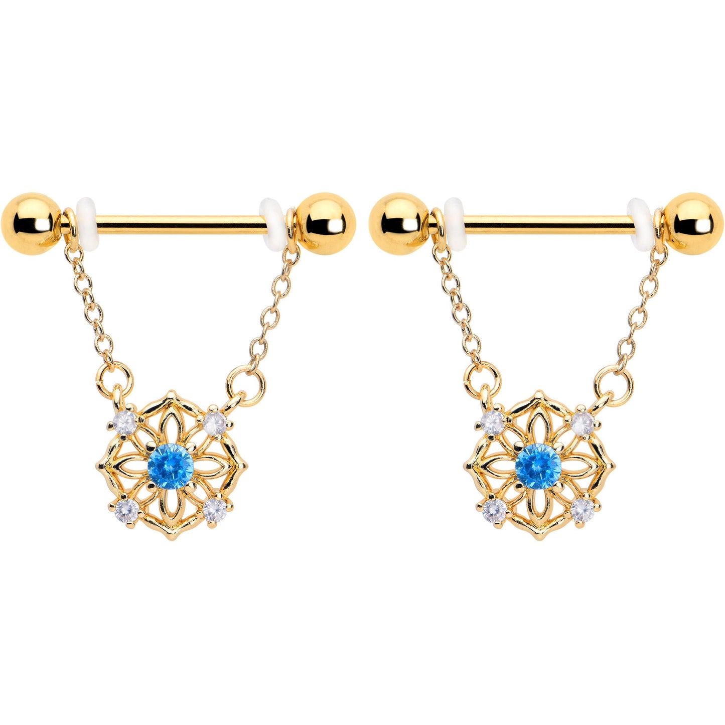 14G 9/16 Blue CZ Gem Gold Tone Flower Ring Dangle Nipple Ring Set