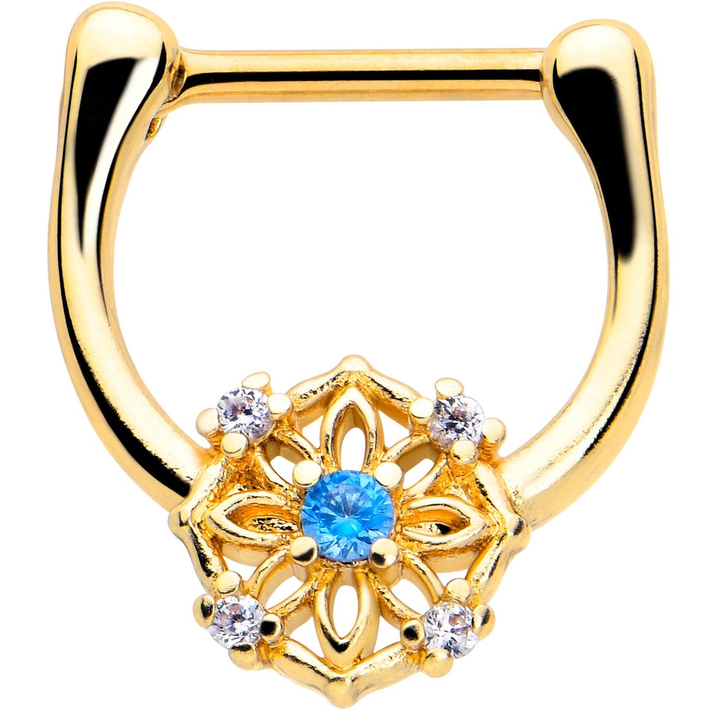 16G 5/16 Blue CZ Gem Gold Tone Flower Ring Cartilage Clicker
