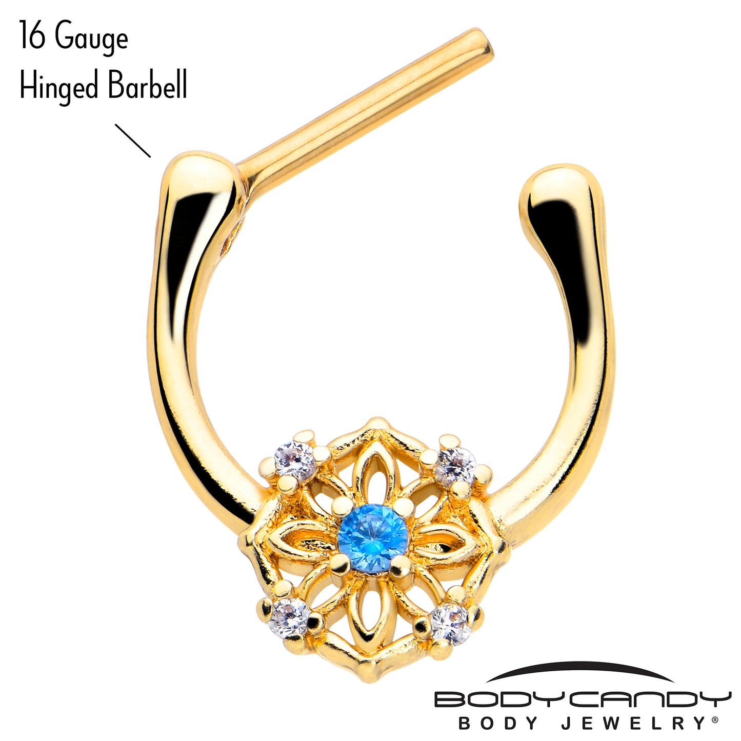 16G 5/16 Blue CZ Gem Gold Tone Flower Ring Cartilage Clicker