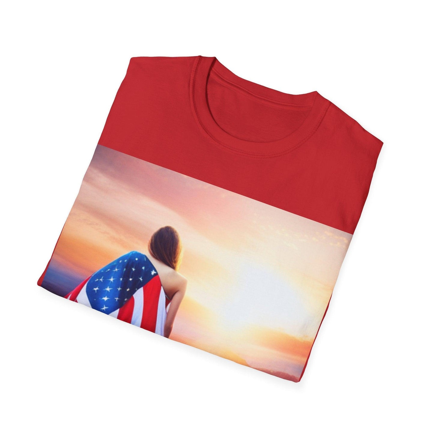 American Woman! Patriot Draped Red, White, and Blue Flag Over Shoulder Looking at Beautiful Horizon Unisex Softstyle T-Shirt - Lizard Vigilante