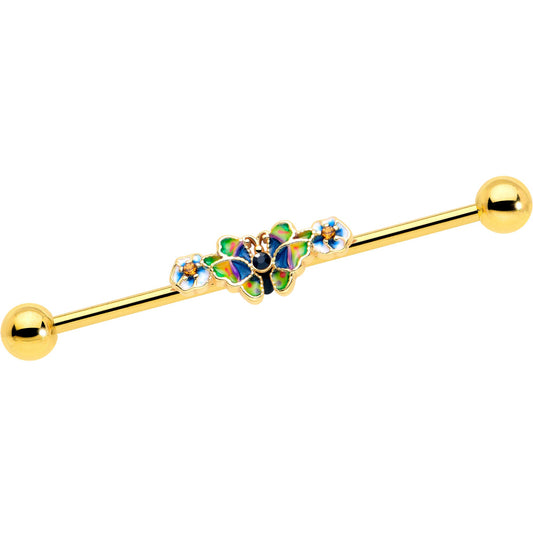 14G Blue Gem Gold Tone Butterfly Colors Industrial Barbell 38mm