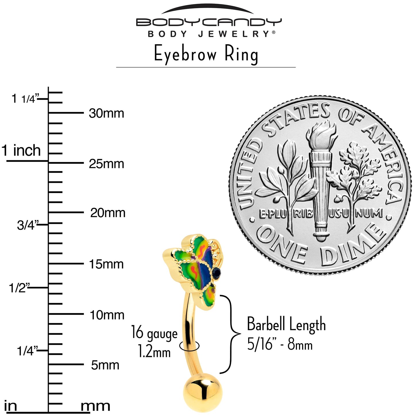 16G 5/16 Blue Gem Gold Tone Butterfly Colors Curved Eyebrow Ring