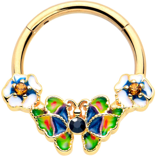 16G 3/8 Blue Gem Gold Tone Butterfly Colors Hinged Segment Ring