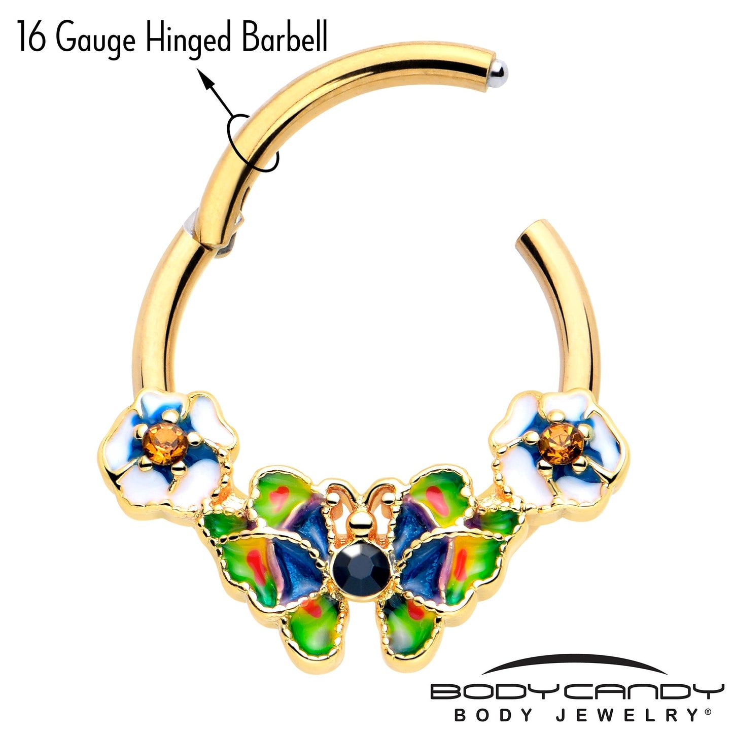 16G 3/8 Blue Gem Gold Tone Butterfly Colors Hinged Segment Ring