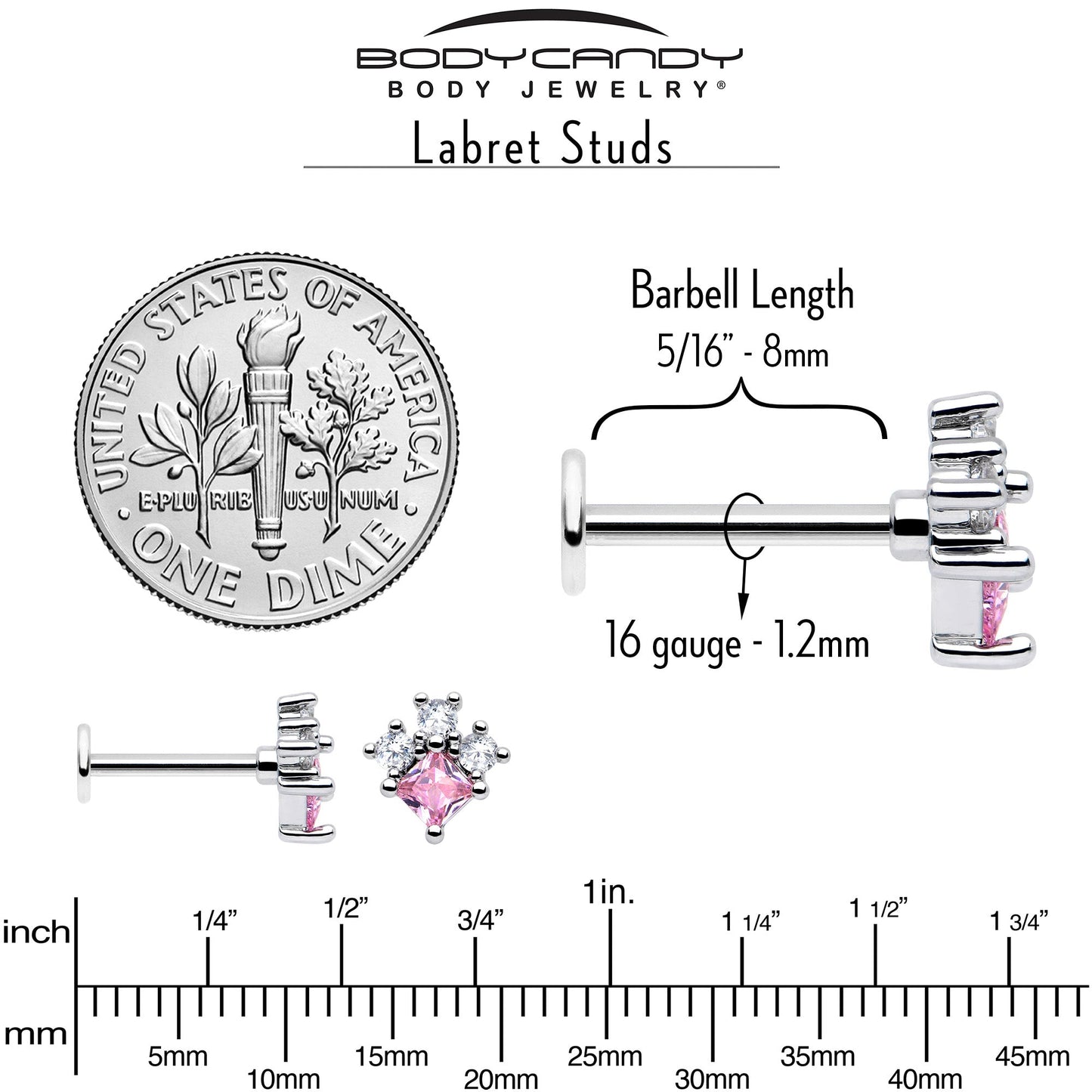 16G 5/16 Pink Clear CZ Gem Rhombus Riot Labret Monroe Tragus