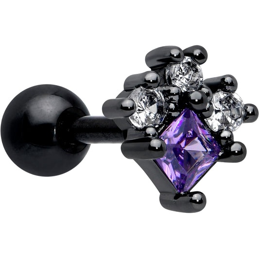 16G 1/4 Purple CZ Gem Black Rhombus Riot Cartilage Tragus Earring