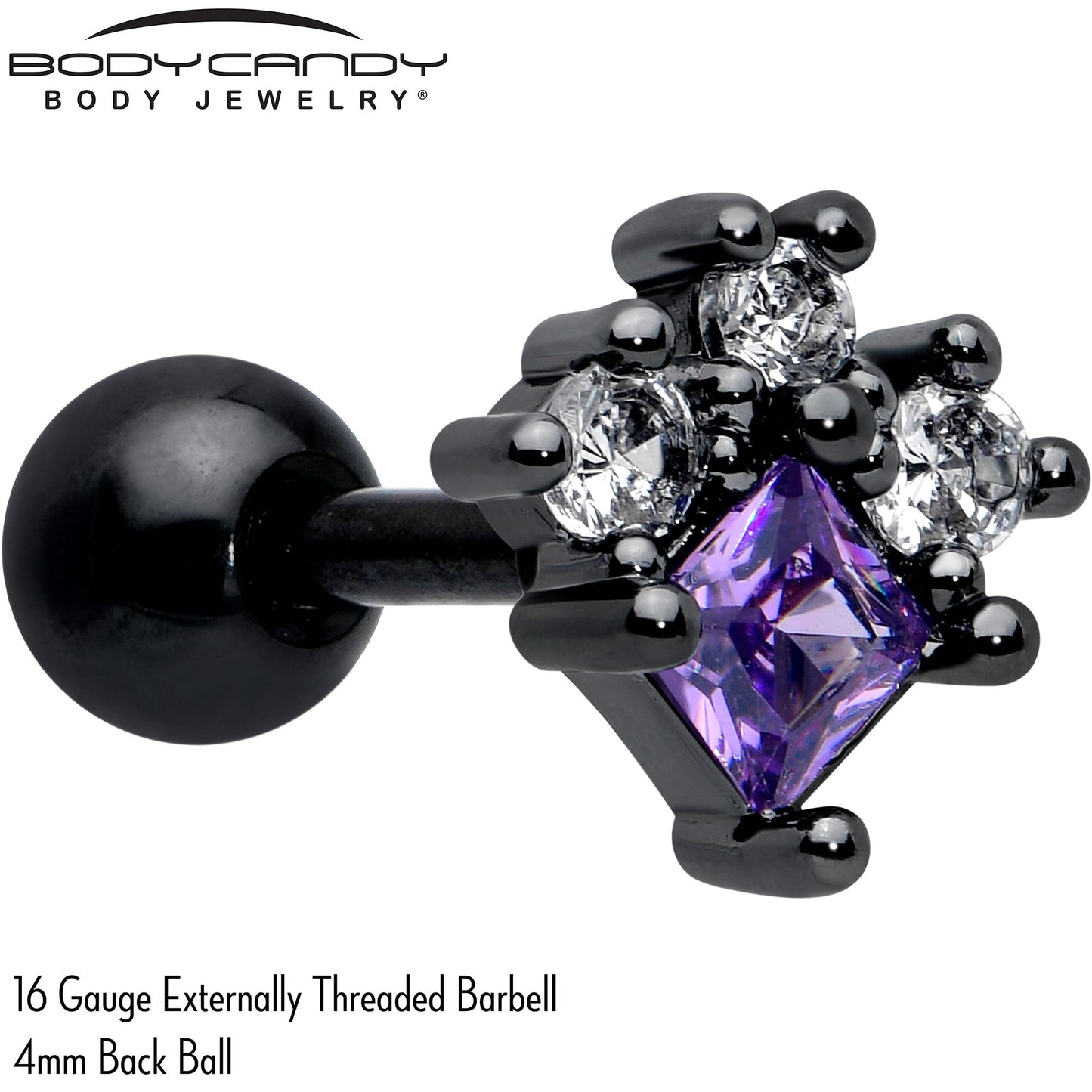 16G 1/4 Purple CZ Gem Black Rhombus Riot Cartilage Tragus Earring