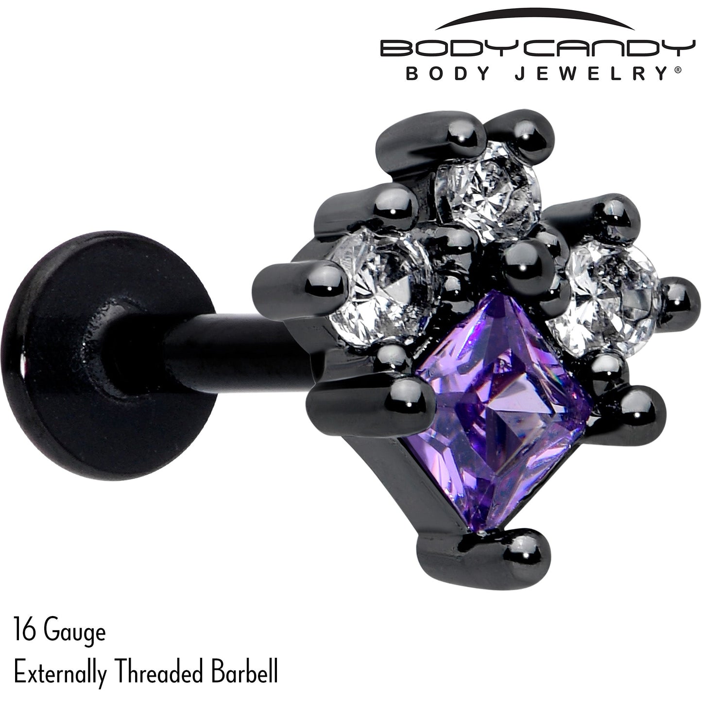 16G 5/16 Purple CZ Gem Black Rhombus Riot Labret Monroe Tragus