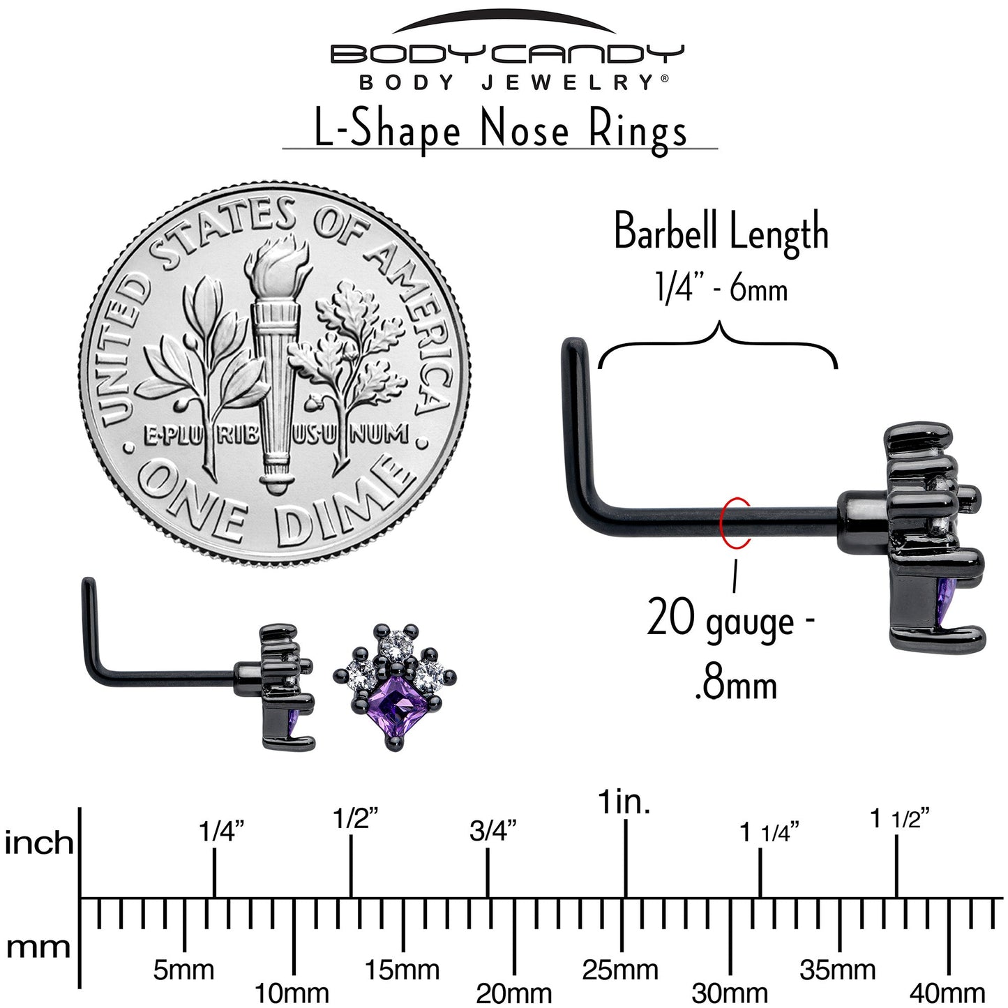 20G 7mm Purple CZ Gem Black Rhombus Riot L Shape Nose Ring