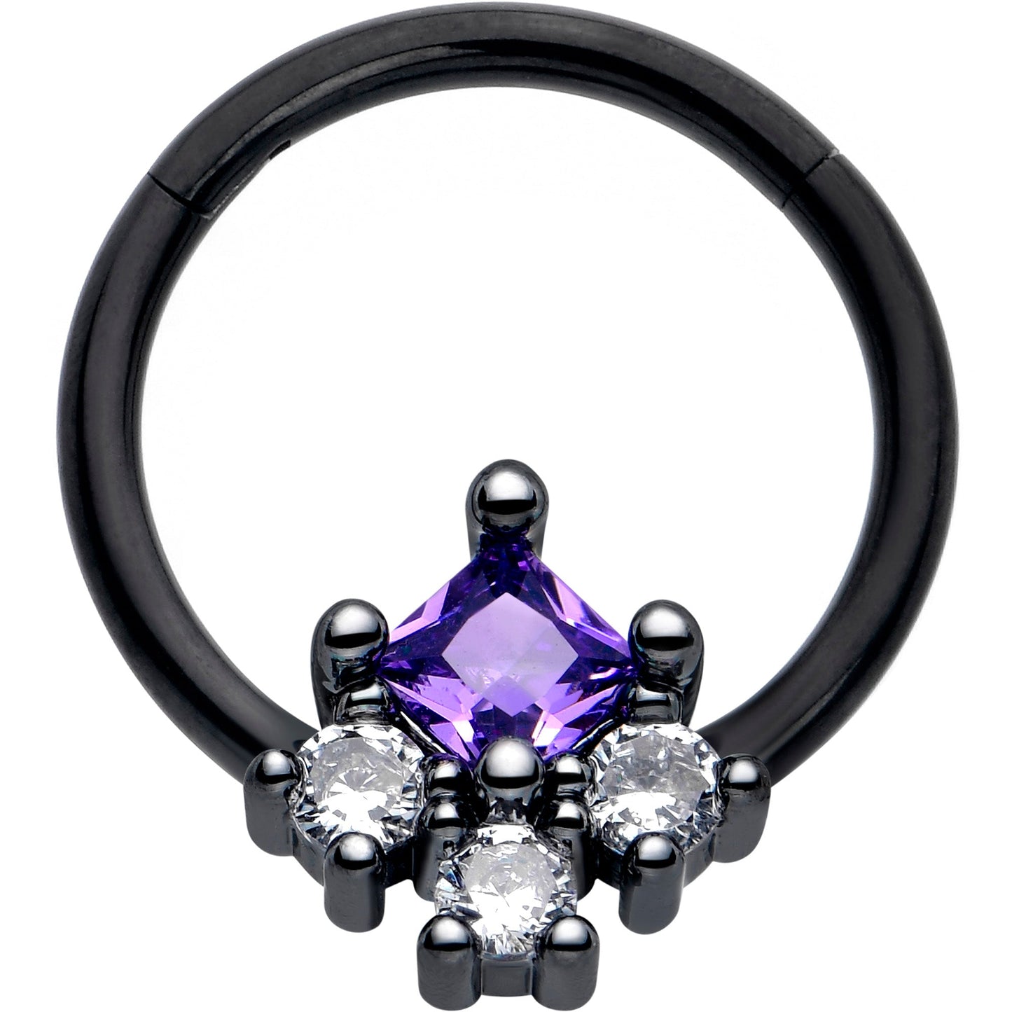 16G 3/8 Purple CZ Gem Black Rhombus Riot Hinged Segment Ring