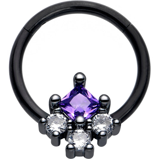 16G 3/8 Purple CZ Gem Black Rhombus Riot Hinged Segment Ring