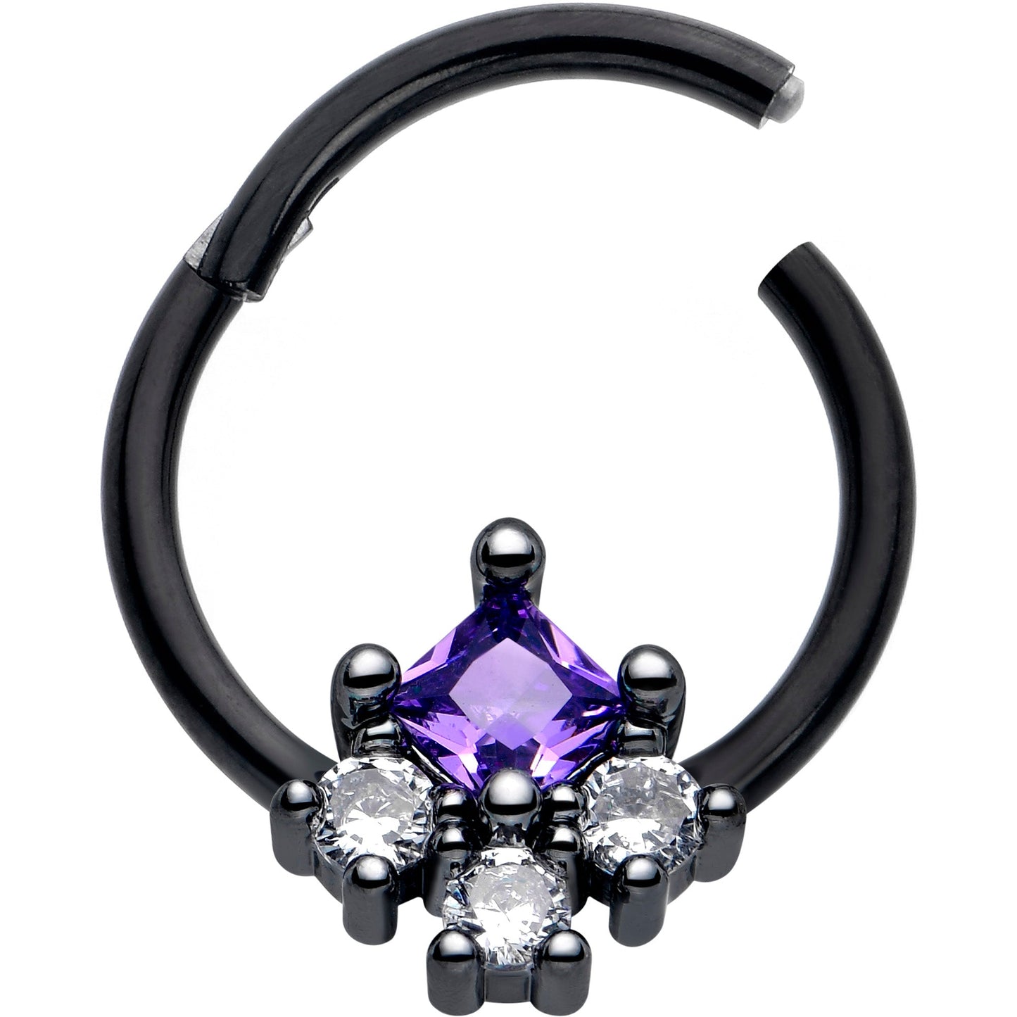 16G 3/8 Purple CZ Gem Black Rhombus Riot Hinged Segment Ring