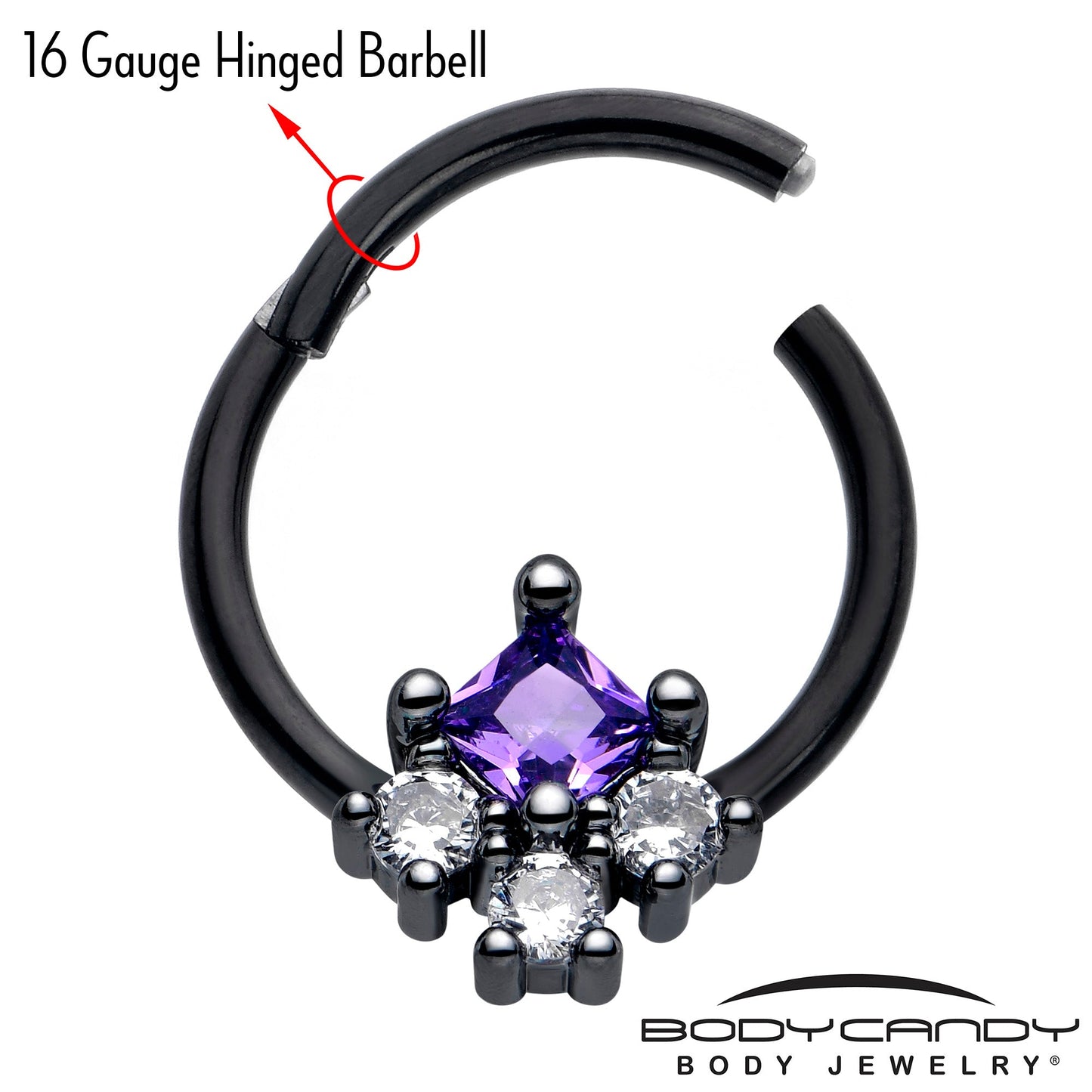 16G 3/8 Purple CZ Gem Black Rhombus Riot Hinged Segment Ring