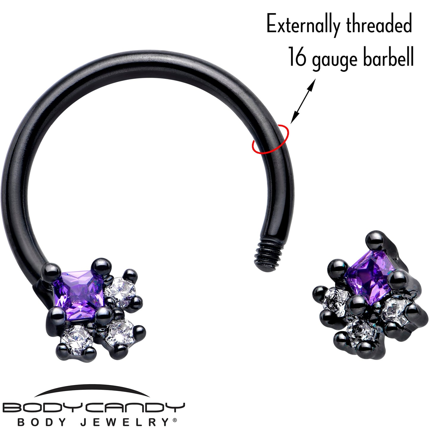 16G 3/8 Purple CZ Gem Black Rhombus Riot Horseshoe Circular Barbell