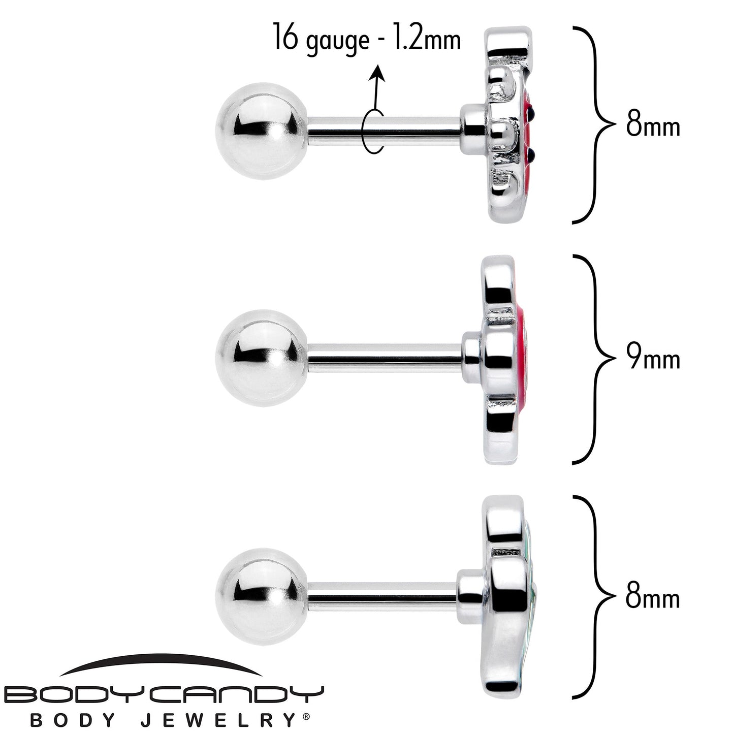 16G 1/4 Ladybug Hippie Flower Cartilage Tragus Earring Set of 3