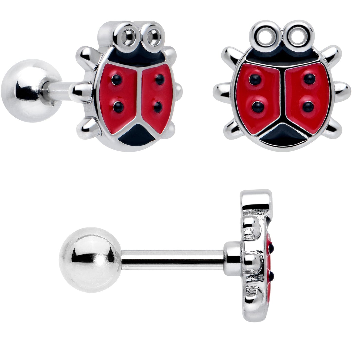 16G 1/4 Ladybug Hippie Flower Cartilage Tragus Earring Set of 3