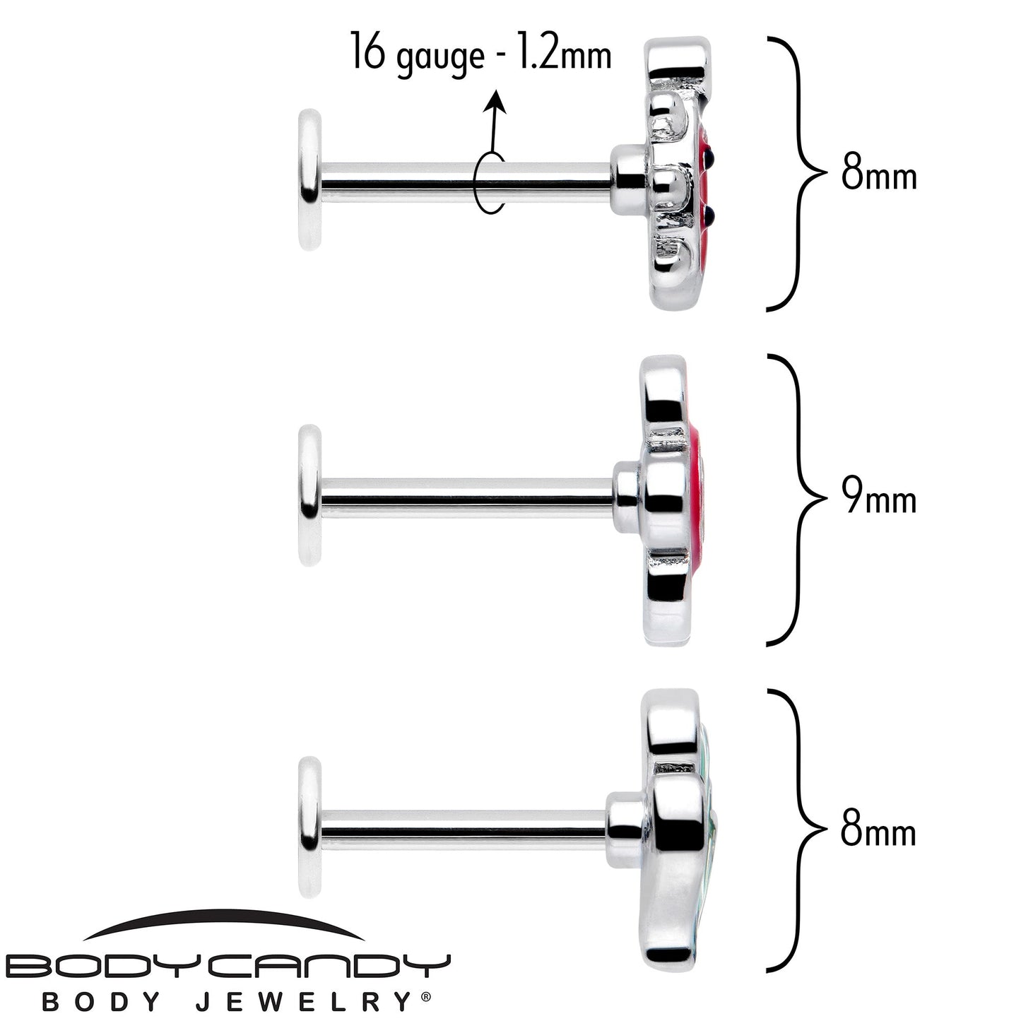 16G 5/16 Ladybug Hippie Flower Labret Monroe Tragus Set of 3