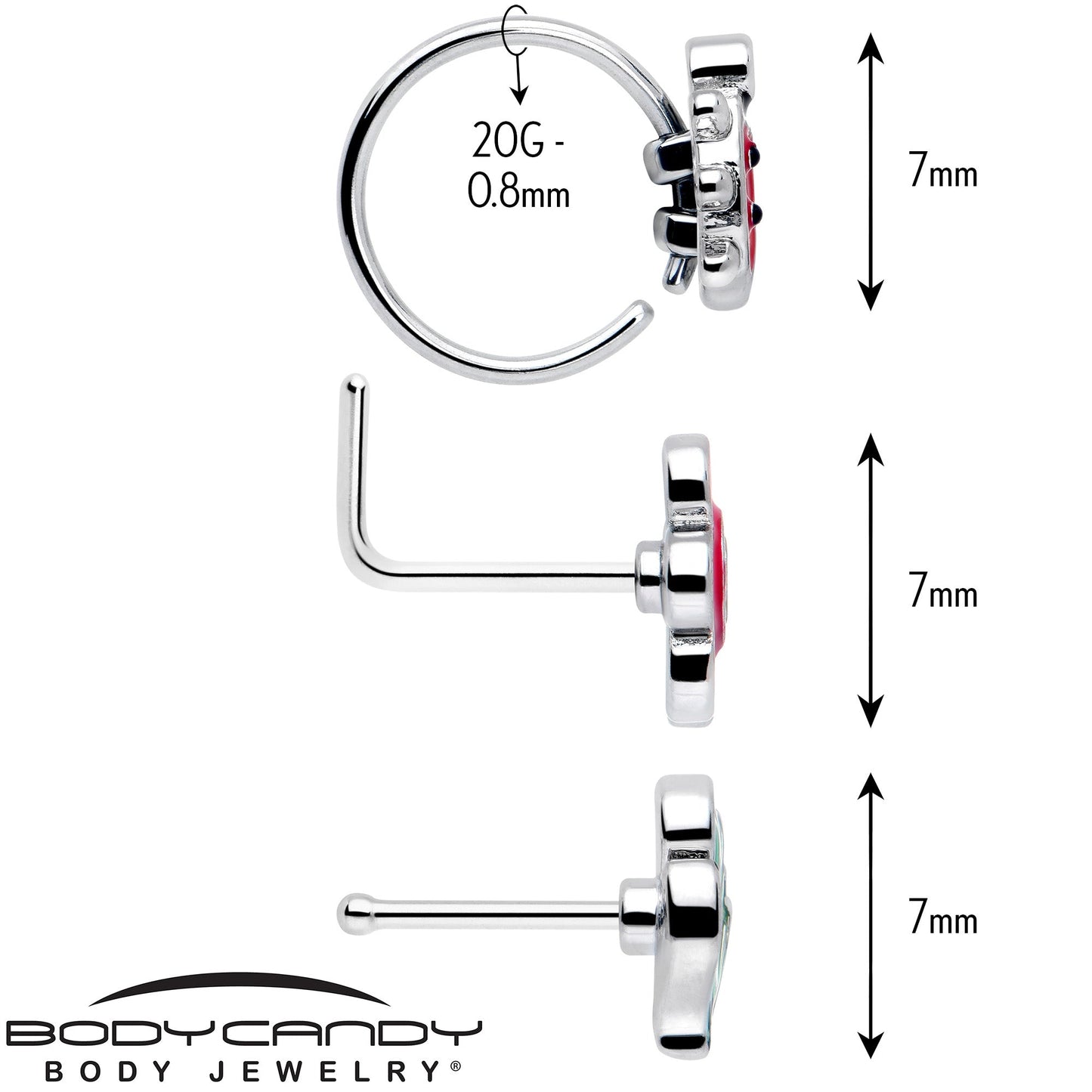 20G Ladybug Hippie Flower Nose Ring Set of 3