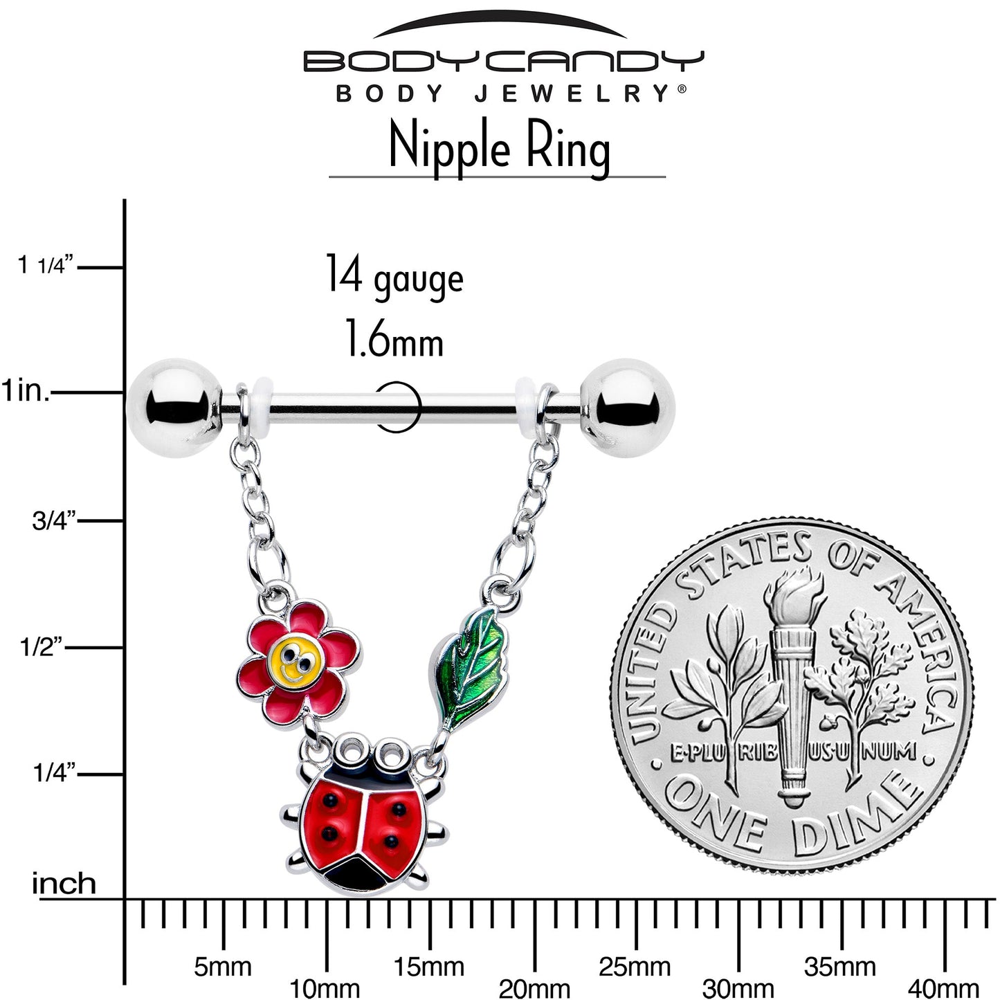 14G 9/16 Ladybug Hippie Flower Chain Dangle Nipple Ring Set