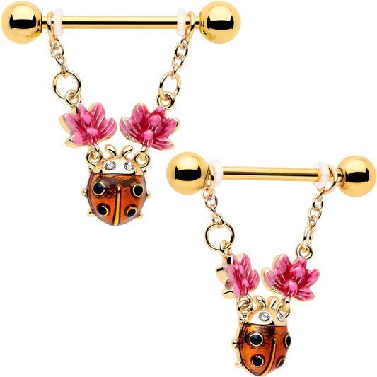 14G 9/16 Clear Gem Gold Tone ladybug Lotus Dangle Nipple Ring Set