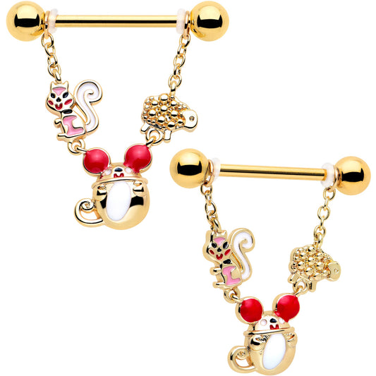 14G 9/16 Gold Tone Mouse Sheep Squirrel Dangle Nipple Ring Set