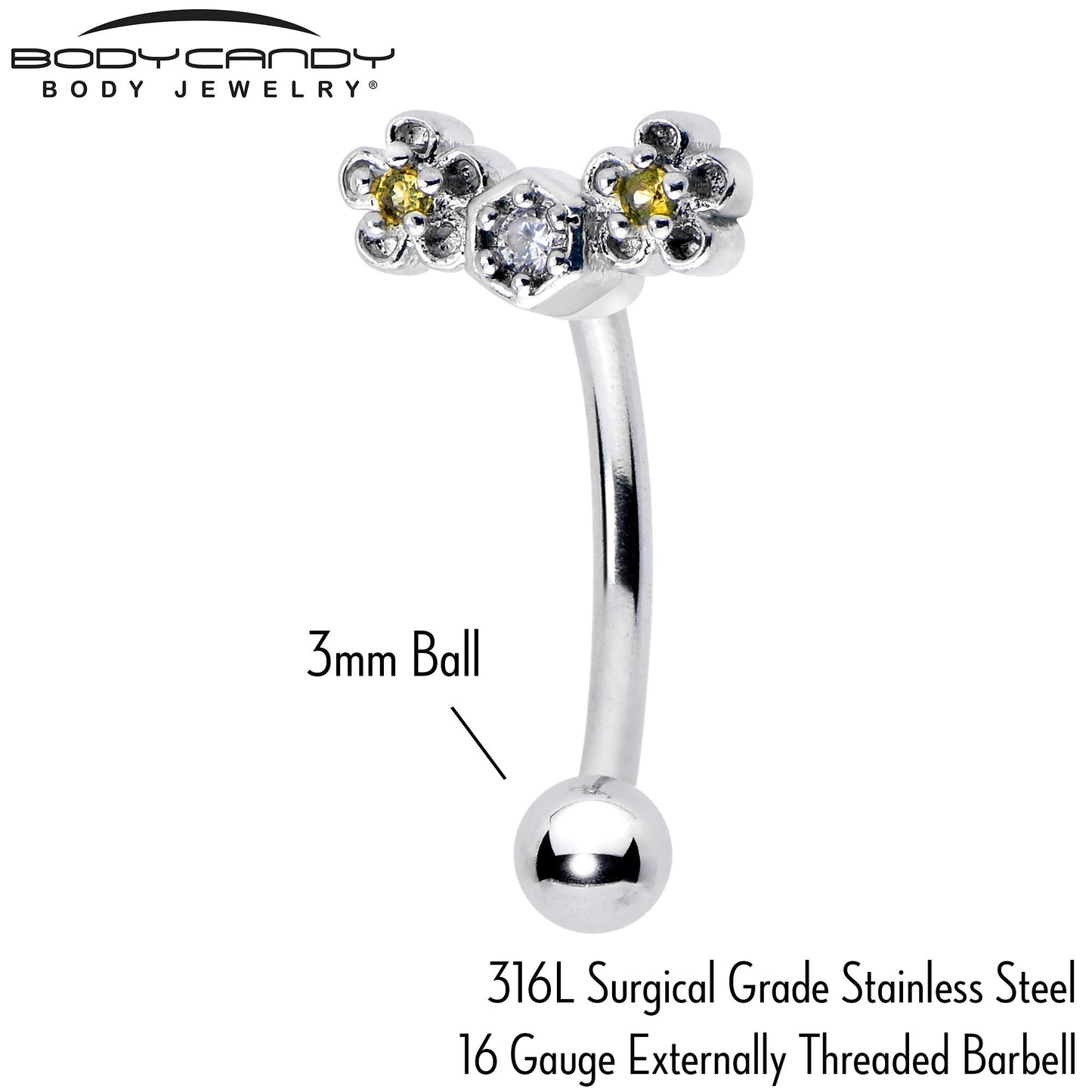 16G 5/16 Yellow CZ Gem Flower Honeycomb Curved Eyebrow Ring