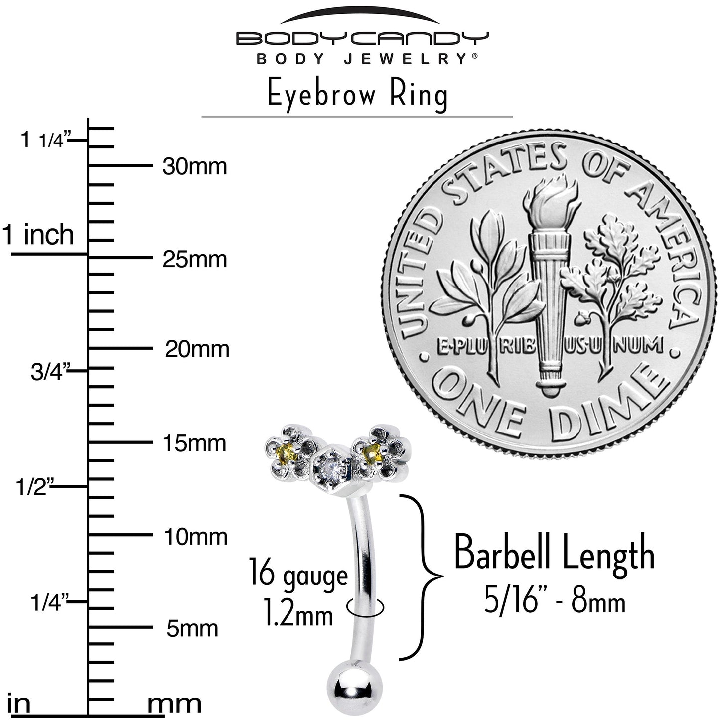 16G 5/16 Yellow CZ Gem Flower Honeycomb Curved Eyebrow Ring