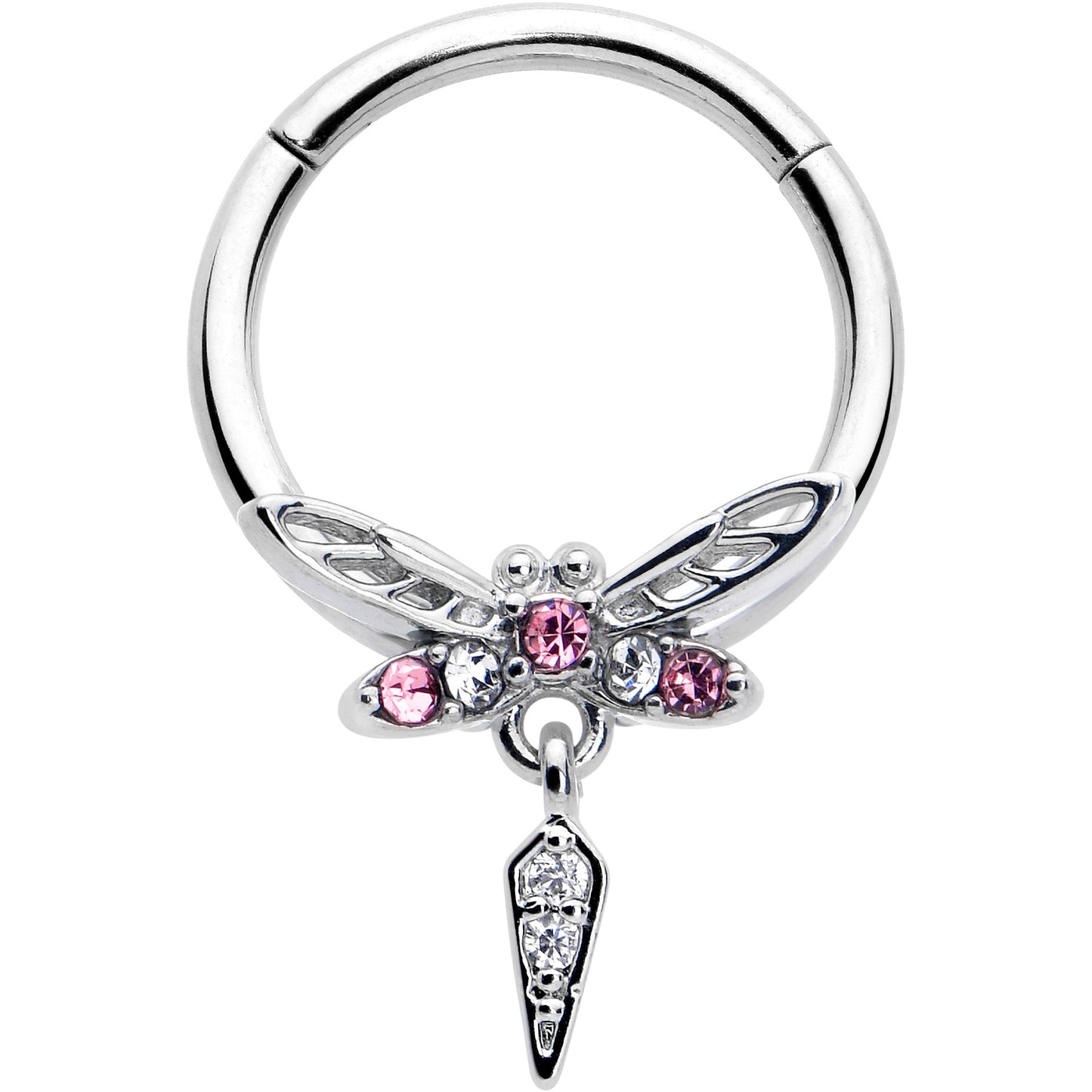 16G 3/8 Pink Gem Swank Dragonfly Dangle Hinged Segment Ring