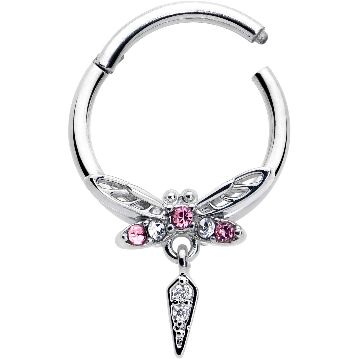 16G 3/8 Pink Gem Swank Dragonfly Dangle Hinged Segment Ring