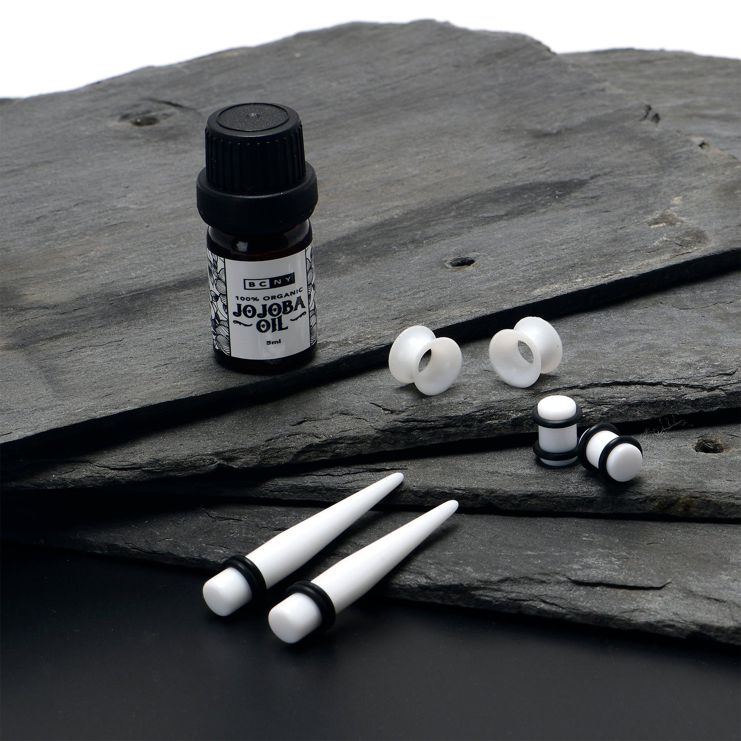 14G to 1/2 White Acrylic 54 Piece Ear Stretching Kit with Jojoba Oil