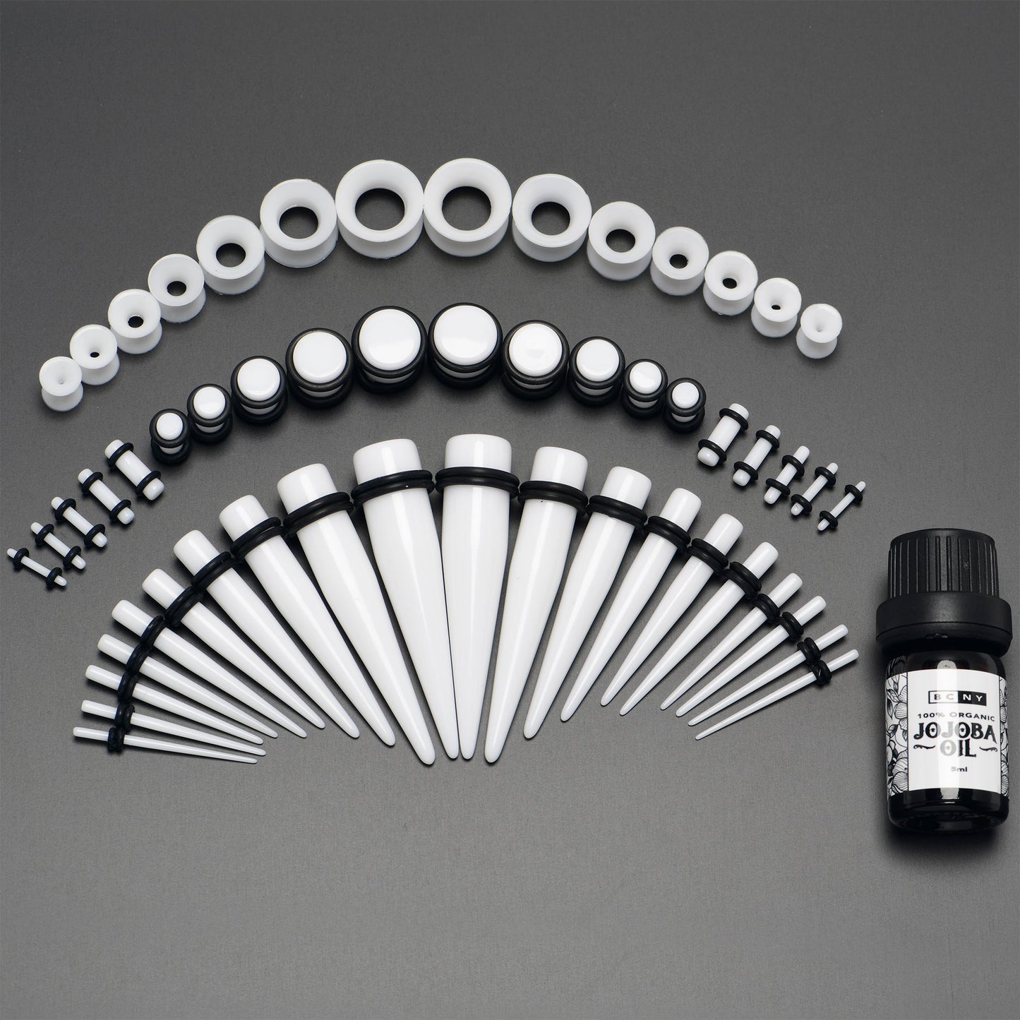 14G to 1/2 White Acrylic 54 Piece Ear Stretching Kit with Jojoba Oil