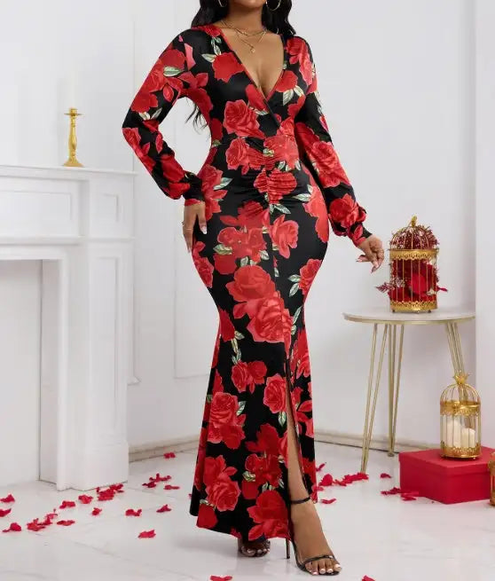 Ladies' V-neck Floral Print Fashionable Hip Hugging Dress