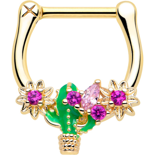 16G 5/16 Pink CZ Gem Gold Tone Floral Cactus Cartilage Clicker