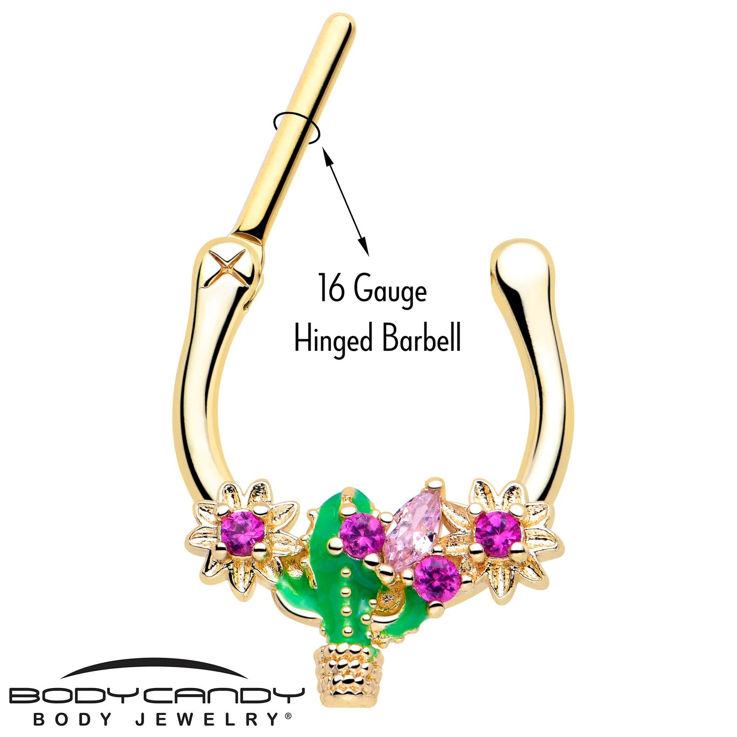 16G 5/16 Pink CZ Gem Gold Tone Floral Cactus Cartilage Clicker