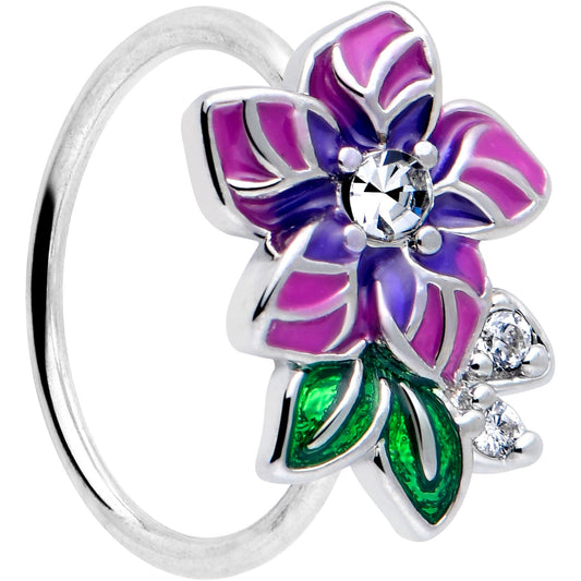 20G 5/16 Clear CZ Gem Flower Purple Nose Hoop