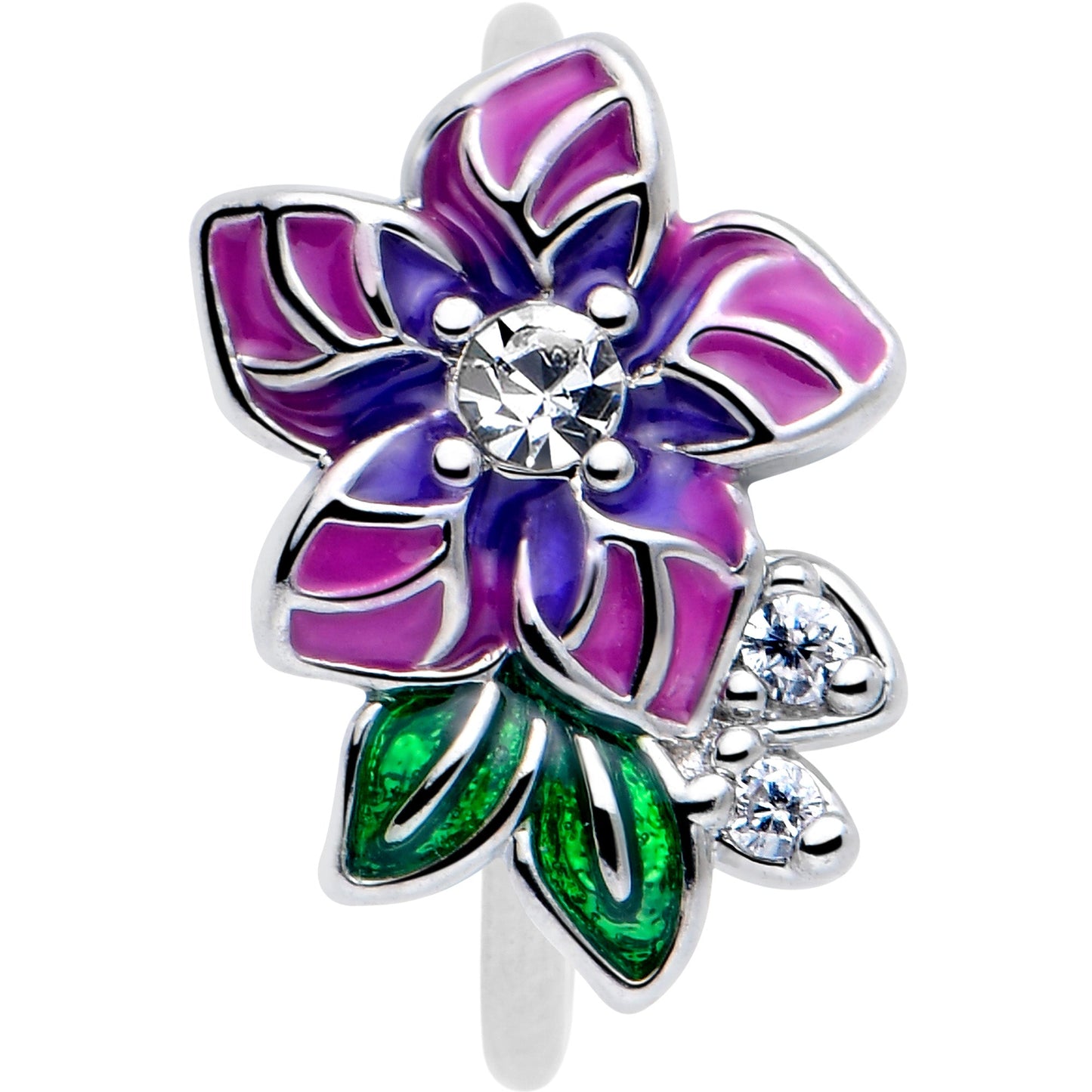 20G 5/16 Clear CZ Gem Flower Purple Nose Hoop