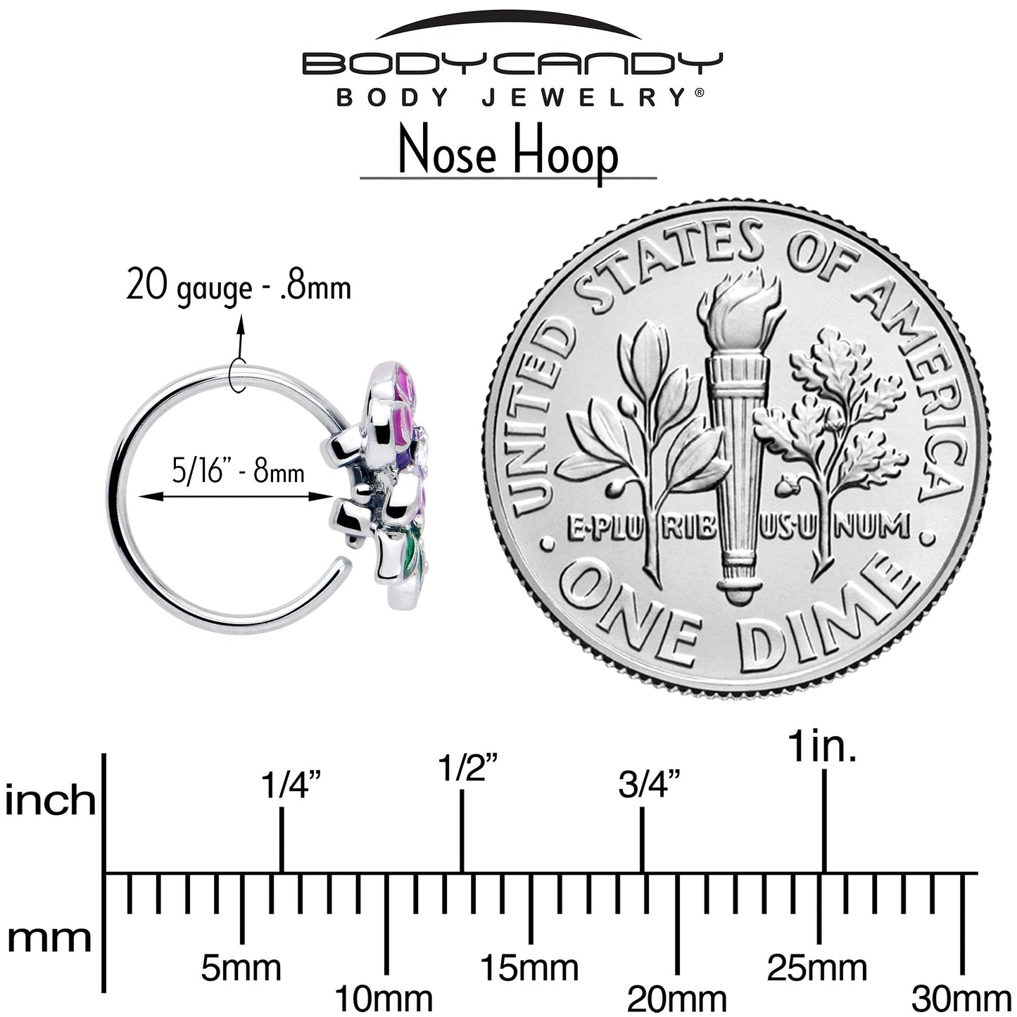 20G 5/16 Clear CZ Gem Flower Purple Nose Hoop