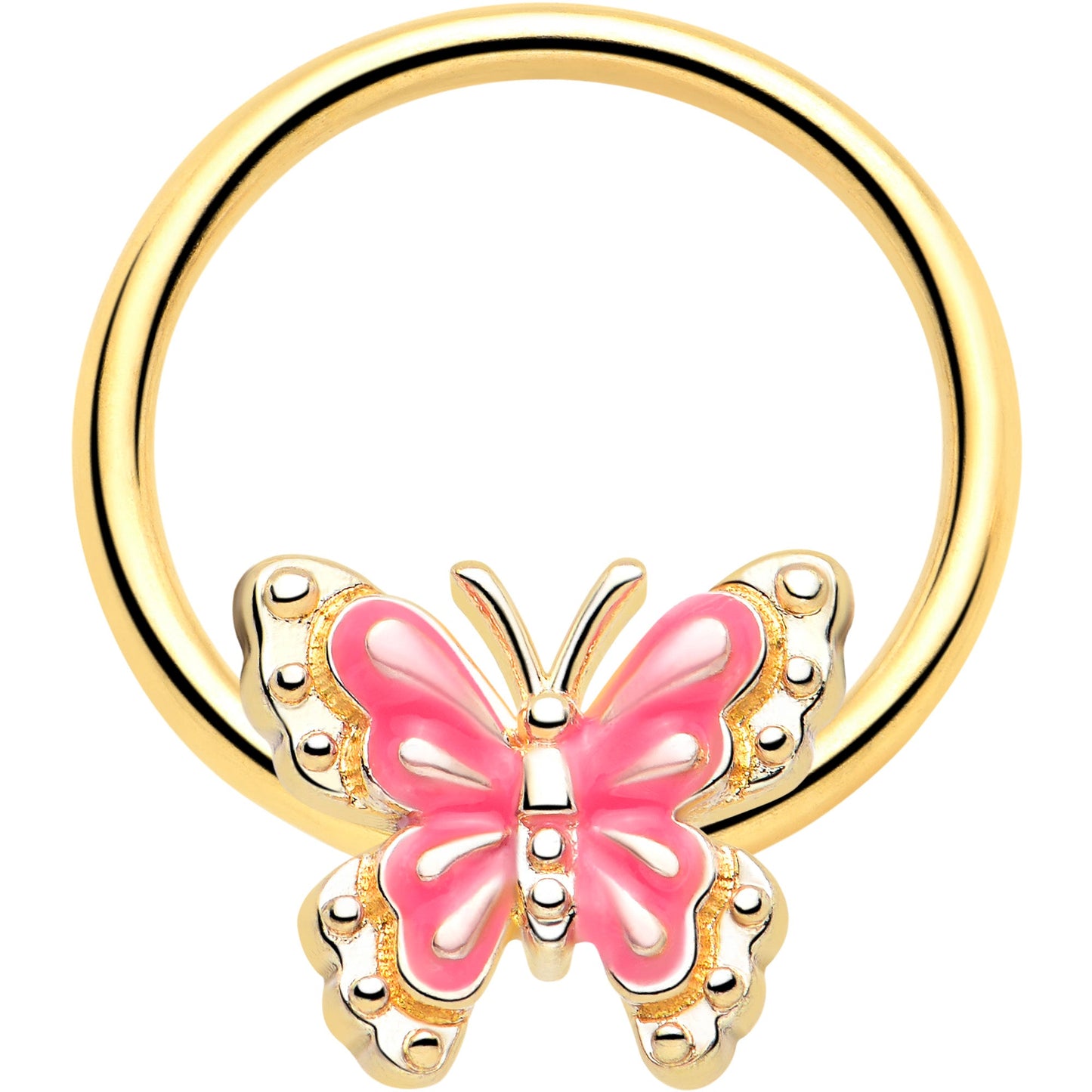 16G 3/8 Gold Tone Butterfly Pink Splash BCR Captive Charm Ring