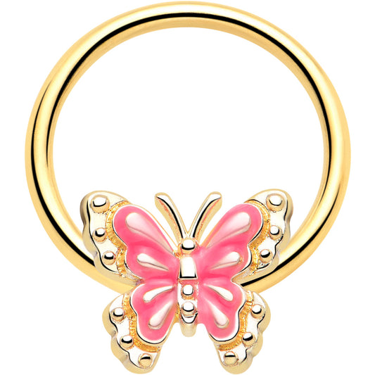 16G 3/8 Gold Tone Butterfly Pink Splash BCR Captive Charm Ring
