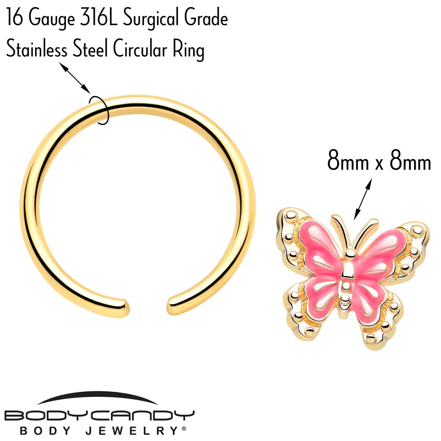 16G 3/8 Gold Tone Butterfly Pink Splash BCR Captive Charm Ring