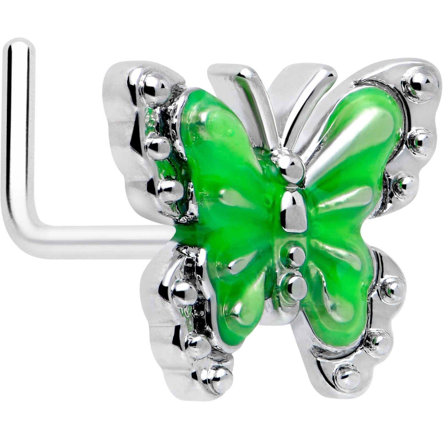 20G 7mm Butterfly Green Splash L Shape Nose Ring