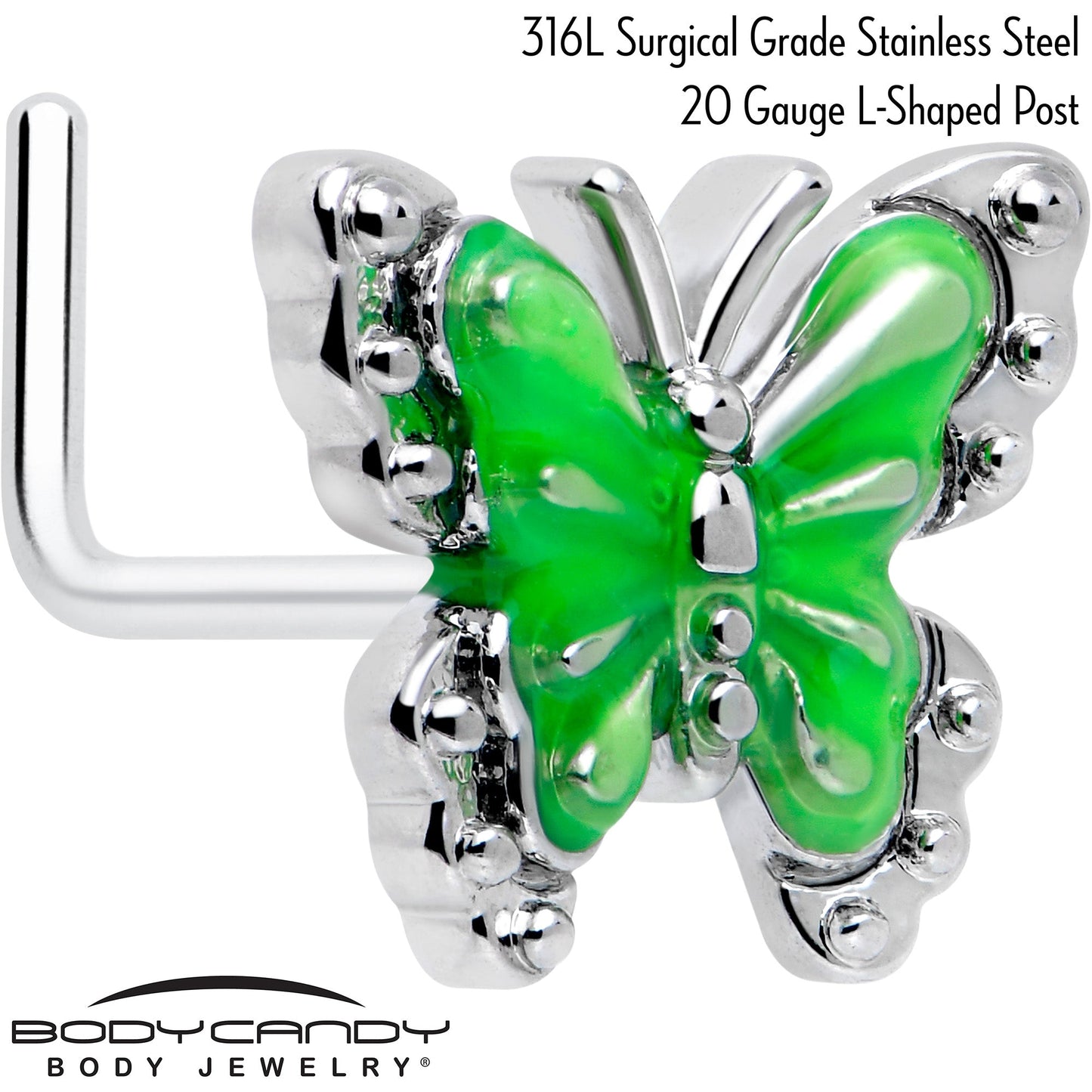 20G 7mm Butterfly Green Splash L Shape Nose Ring