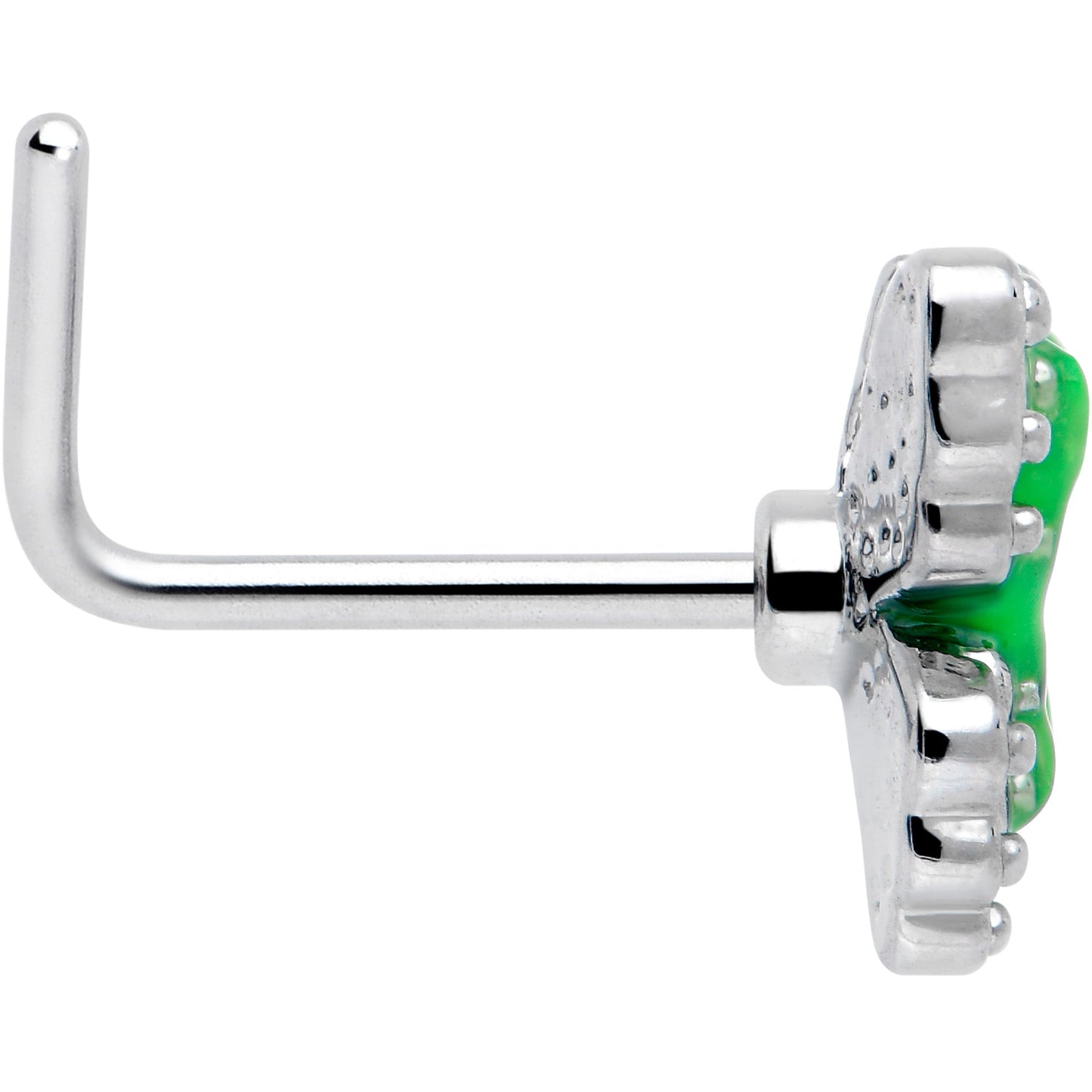 20G 7mm Butterfly Green Splash L Shape Nose Ring