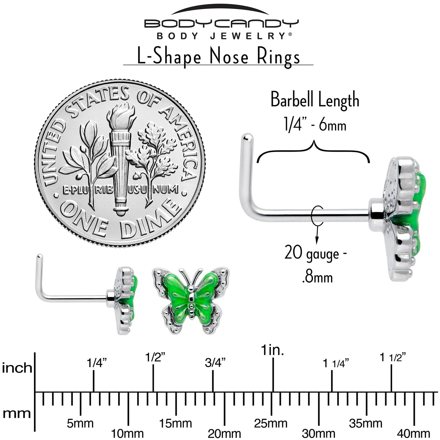 20G 7mm Butterfly Green Splash L Shape Nose Ring