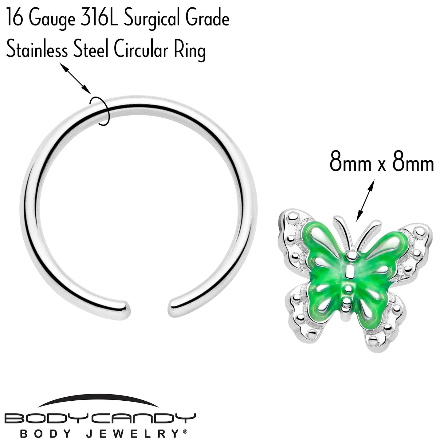 16G 3/8 Butterfly Green Splash BCR Captive Charm Ring