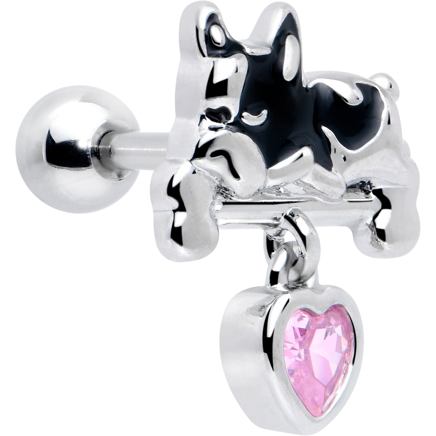 16G 1/4 Pink CZ Gem Sleepy French Bulldog Dangle Cartilage Earring